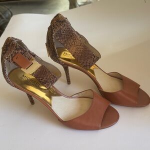 Michael Kors Tan and Brown Snakeskin Ankle Strap Heels
